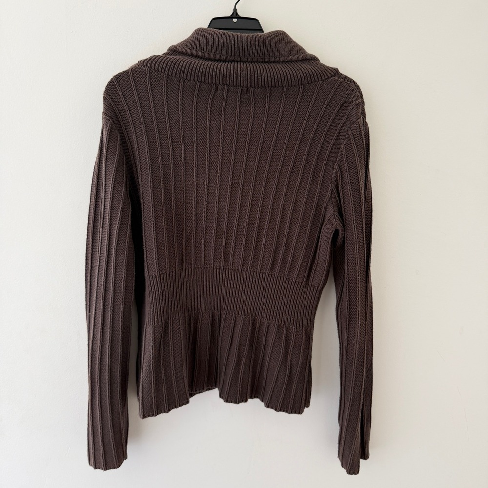 Brown Ribbed Knit Peplum Cardigan Shawl Collar Boho Earthy Goblincore XL - Picture 2 of 7